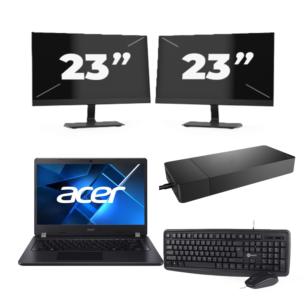 Acer TravelMate P214-53 - Intel Core i3-11e Generatie - 14 inch - 8GB RAM - 256GB SSD - Windows 11 Home + 2x 23 inch Monitor