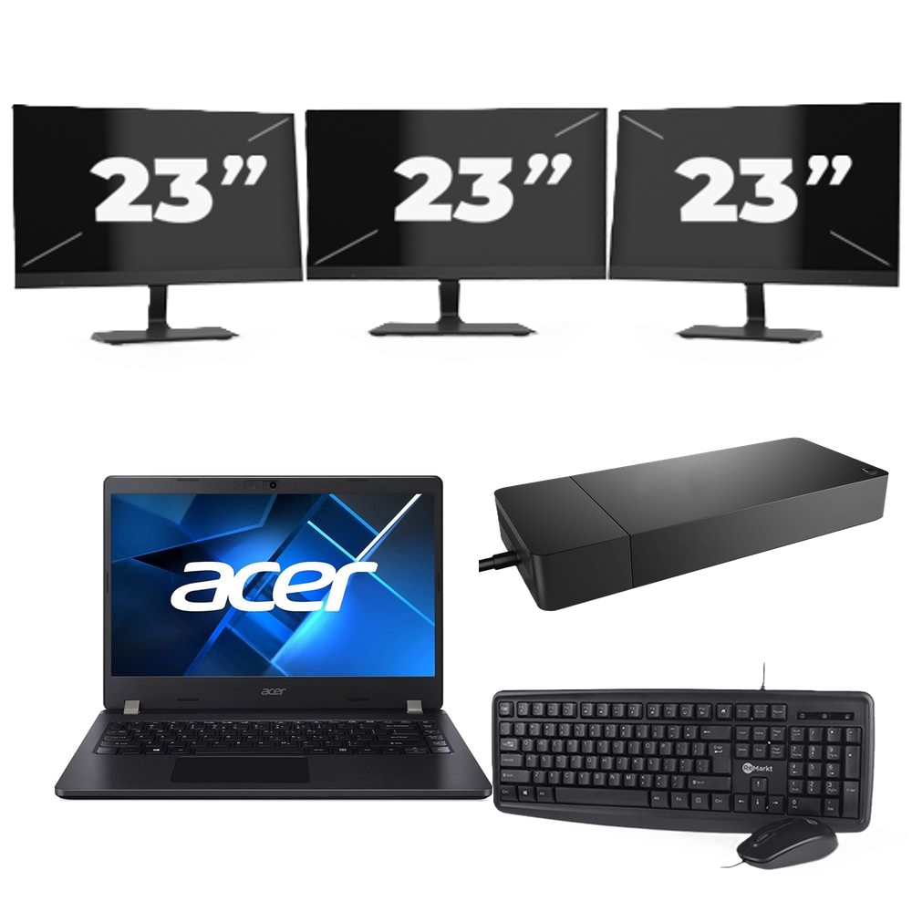 Acer TravelMate P214-53 - Intel Core i3-11e Generatie - 14 inch - 8GB RAM - 256GB SSD - Windows 11 Home + 3x 23 inch Monitor