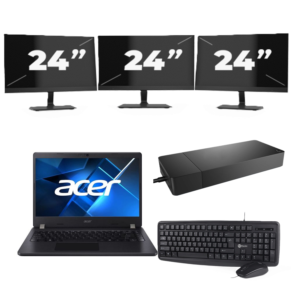 Acer TravelMate P214-53 - Intel Core i3-11e Generatie - 14 inch - 8GB RAM - 256GB SSD - Windows 11 Home + 3x 24 inch Monitor