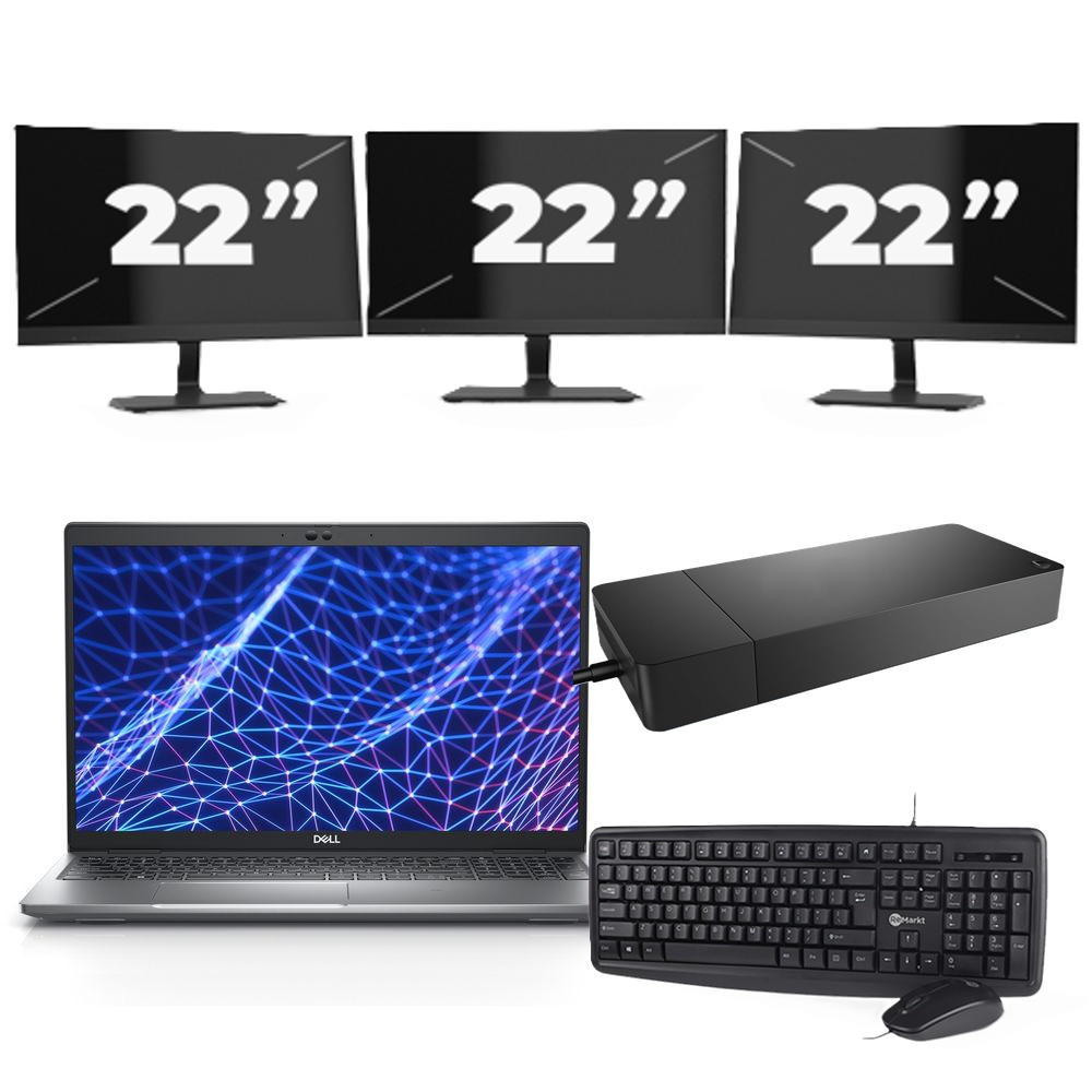 Dell Latitude 5530 - Intel Core i3-12e Generatie - 15 inch - 8GB RAM - 256GB SSD - Windows 11 Home + 3x 22 inch Monitor