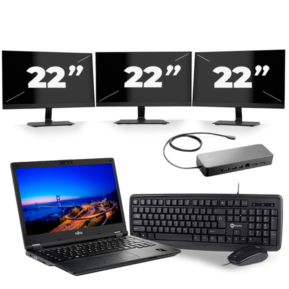 Fujitsu LifeBook E549 - Intel Core i5-8e Generatie - 14 inch - 8GB RAM - 256GB SSD - Windows 11 + 3x 22 inch Monitor