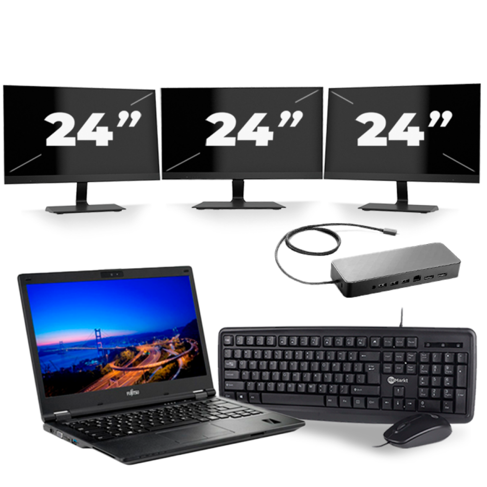 Fujitsu Lifebook E549 - Intel Core i3-8e Generatie - 14 inch - 8GB RAM - 256GB SSD - Windows 11 Home + 3x 24 inch Monitor