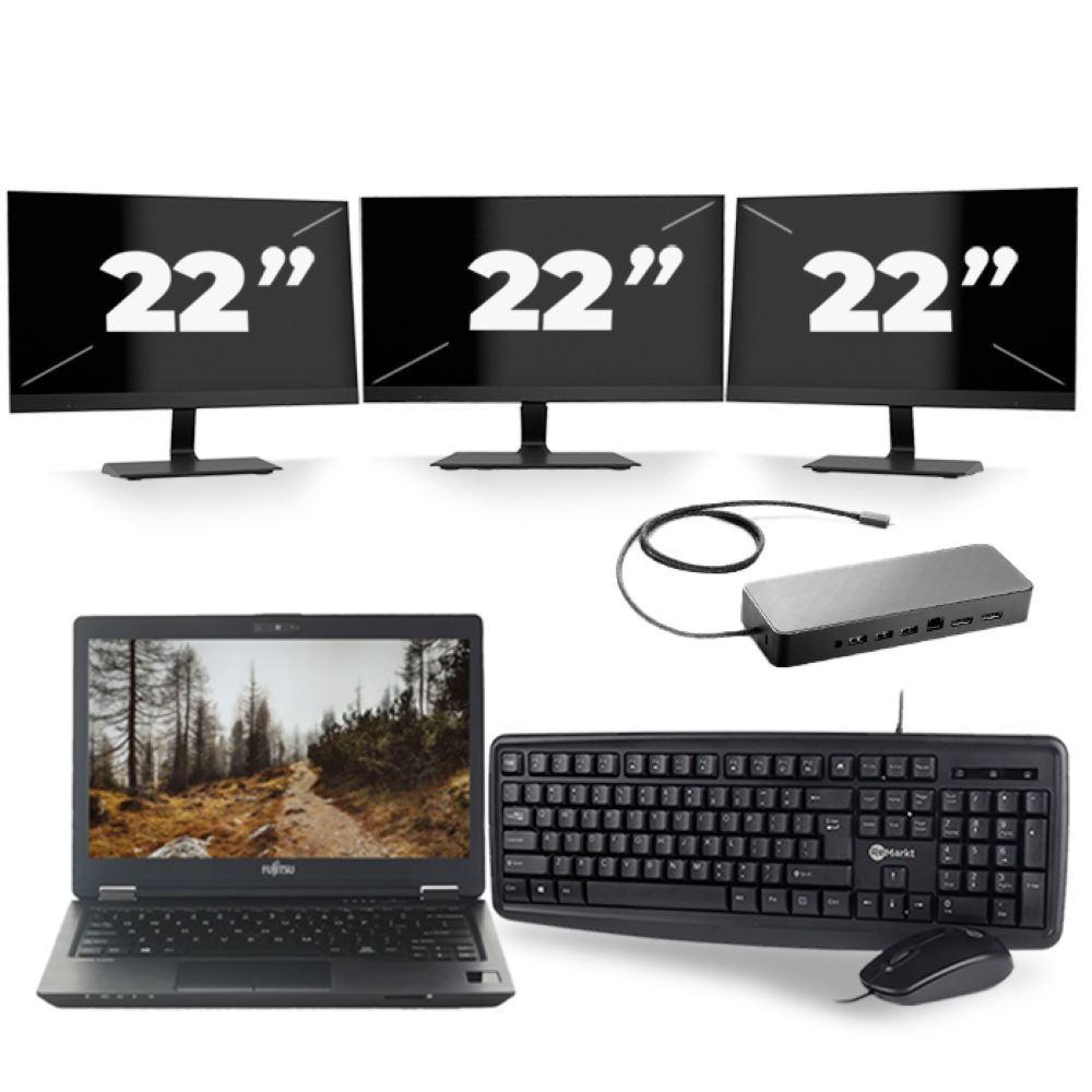 Fujitsu LifeBook U727 - Intel Core i7-7e Generatie - 12 inch - 8GB RAM - 256GB SSD - Windows 11 + 3x 22 inch Monitor