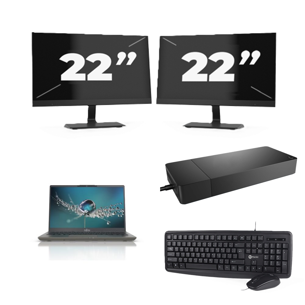 Fujitsu Lifebook U7411 - Intel Core i5-11e Generatie - 14 inch - 8GB RAM - 256GB SSD - Windows 11 Home + 2x 22 inch Monitor