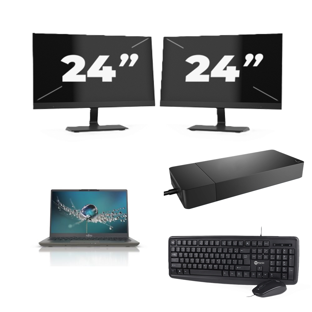 Fujitsu Lifebook U7411 - Intel Core i5-11e Generatie - 14 inch - 8GB RAM - 256GB SSD - Windows 11 Home + 2x 24 inch Monitor