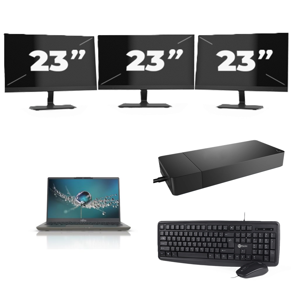 Fujitsu Lifebook U7411 - Intel Core i5-11e Generatie - 14 inch - 8GB RAM - 256GB SSD - Windows 11 Home + 3x 23 inch Monitor