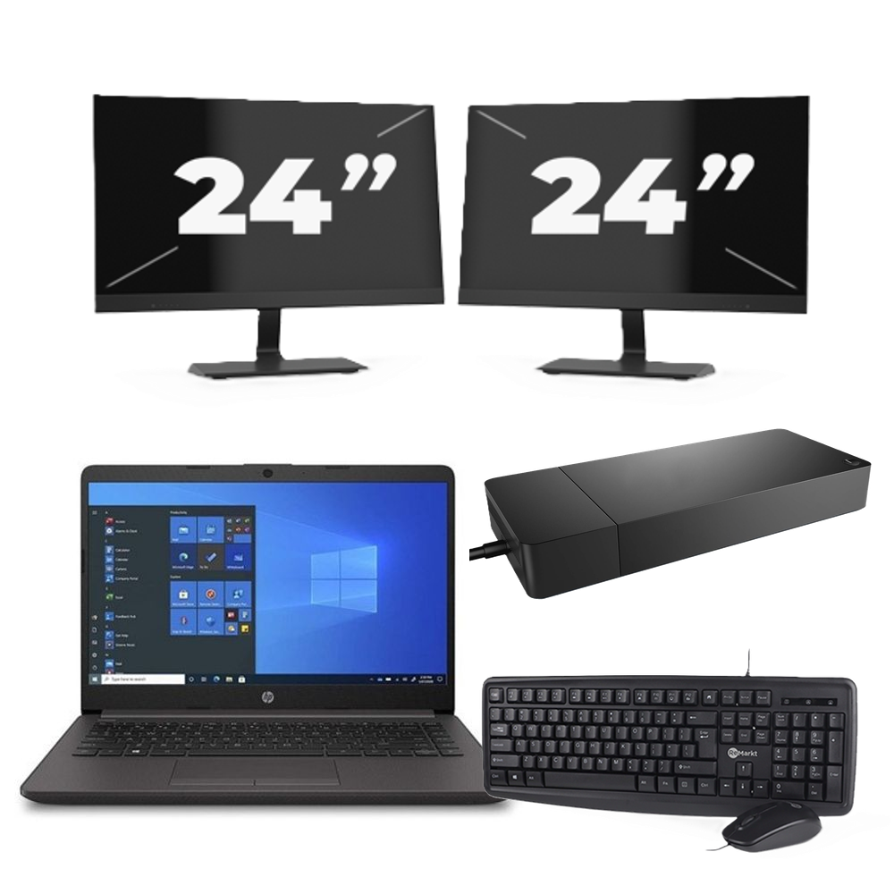 HP 240 G8 - Intel Core i3-10e Generatie - 14 inch - 8GB RAM - 256GB SSD - Windows 11 Home + 2x 24 inch Monitor