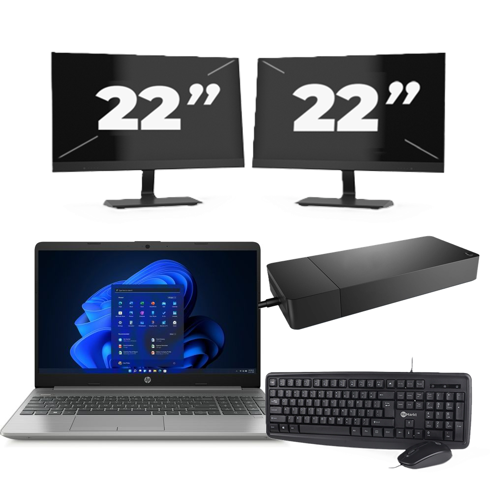 HP 250 G8 - Intel Core i3-11e Generatie - 15 inch - 8GB RAM - 256GB SSD - Windows 11 Home + 2x 22 inch Monitor