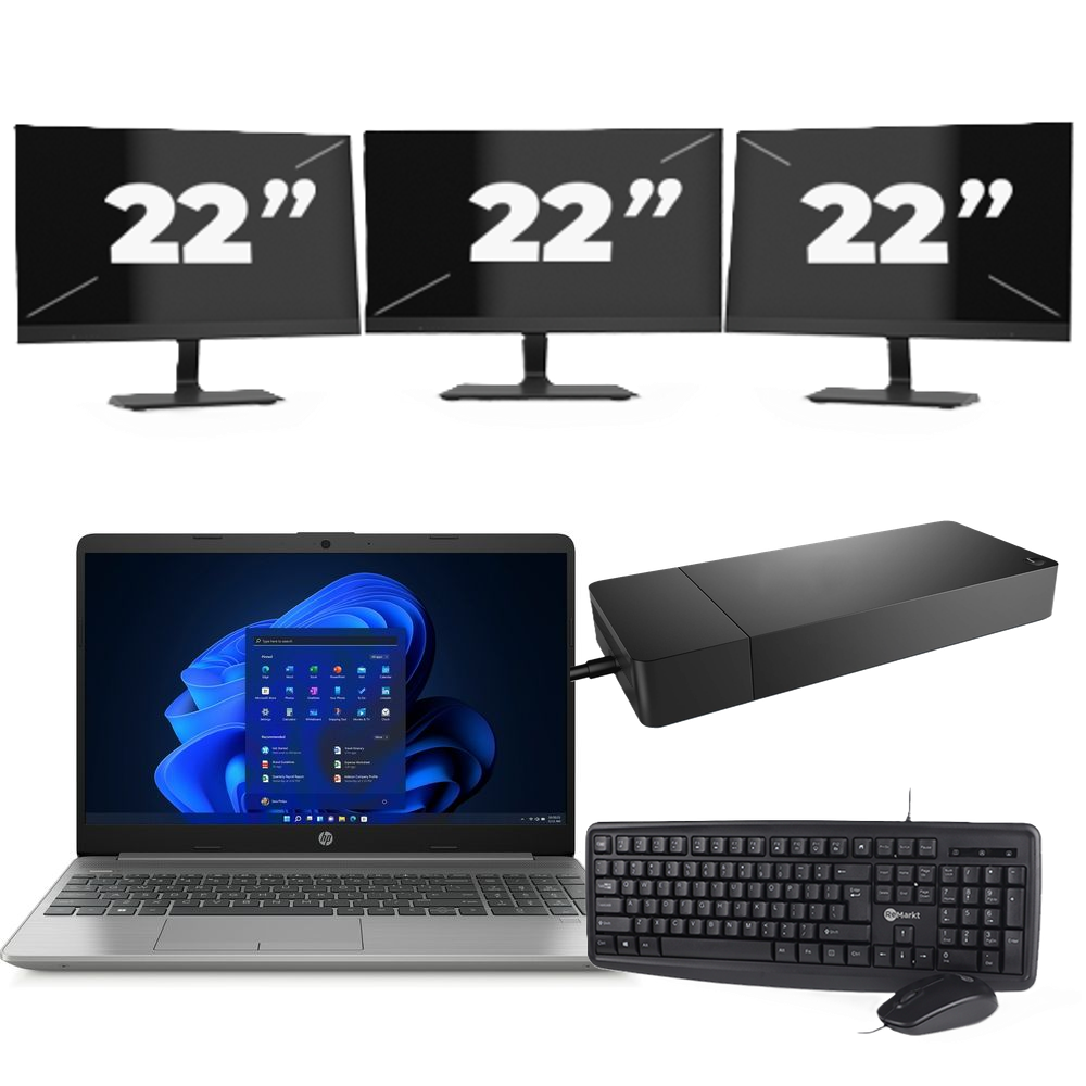 HP 250 G8 - Intel Core i3-11e Generatie - 15 inch - 8GB RAM - 256GB SSD - Windows 11 Home + 3x 22 inch Monitor