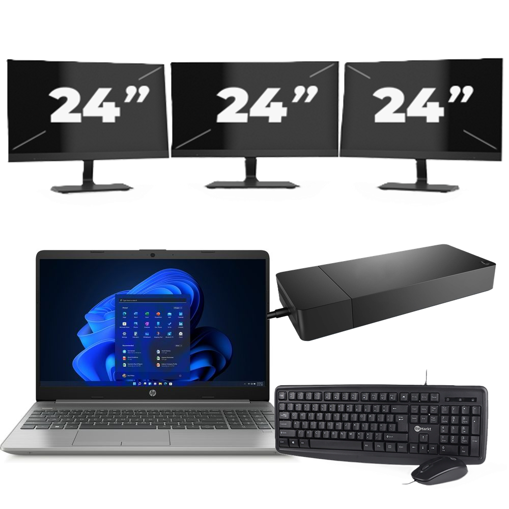HP 250 G8 - Intel Core i3-11e Generatie - 15 inch - 8GB RAM - 256GB SSD - Windows 11 Home + 3x 24 inch Monitor
