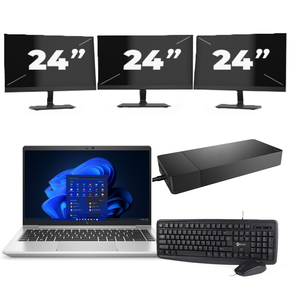 HP EliteBook 640 G9 - Intel Core i5-12e Generatie - 14 inch - 8GB RAM - 256GB SSD - Windows 11 Home + 3x 24 inch Monitor