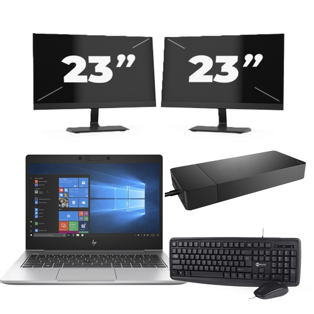 HP EliteBook 735 G6 - AMD Ryzen 7 PRO 3700U - 13 inch - 8GB RAM - 256GB SSD - Windows 10 Home + 2x 23 inch Monitor