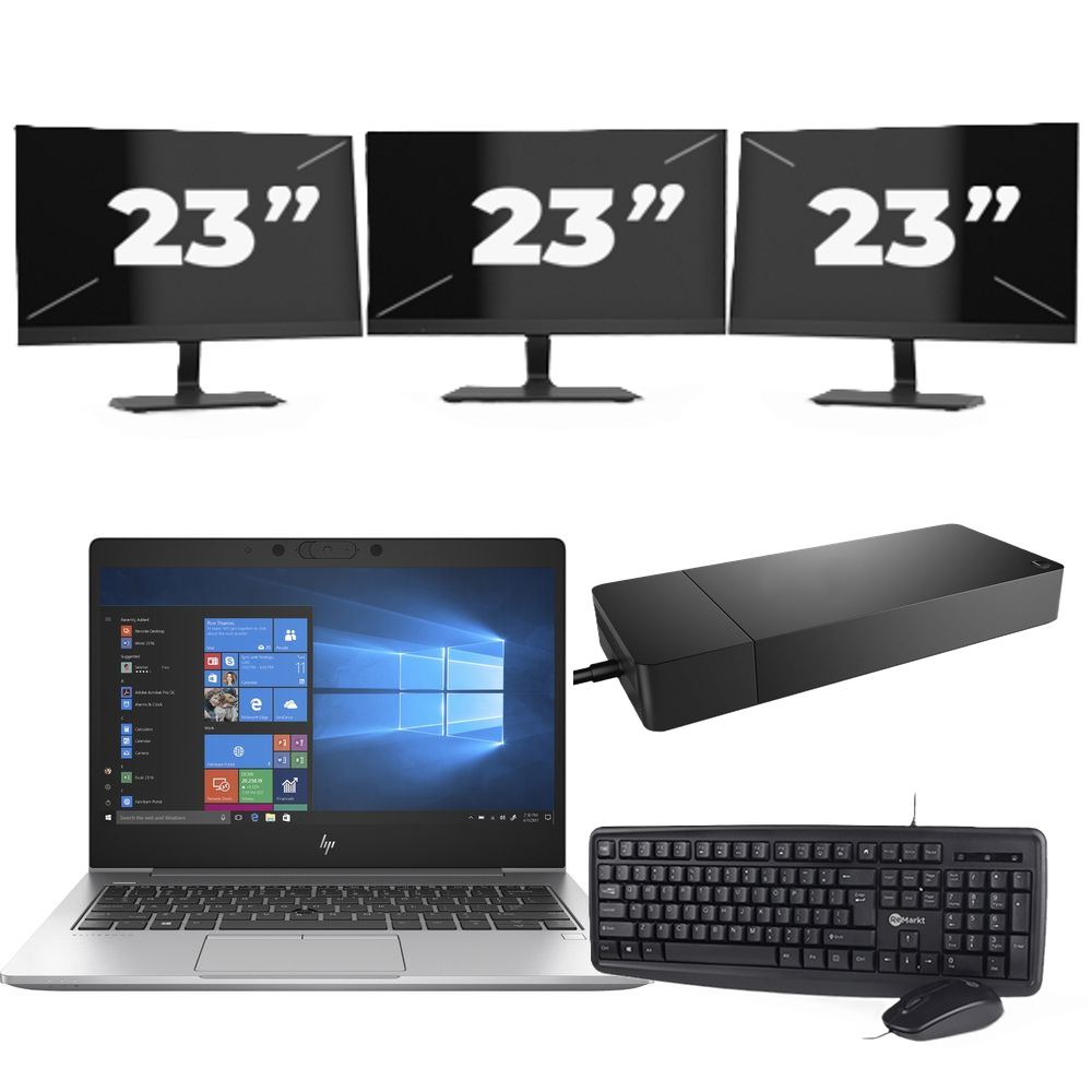 HP EliteBook 735 G6 - AMD Ryzen 7 PRO 3700U - 13 inch - 8GB RAM - 256GB SSD - Windows 10 Home + 3x 23 inch Monitor