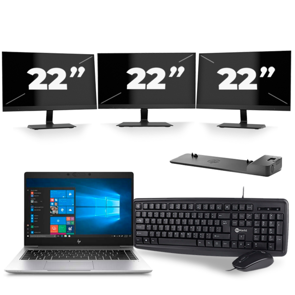 HP EliteBook 745 G6 - AMD Ryzen 5 3500U - 14 inch - 8GB RAM - 256GB SSD - Windows 11 Home + 3x 22 inch Monitor