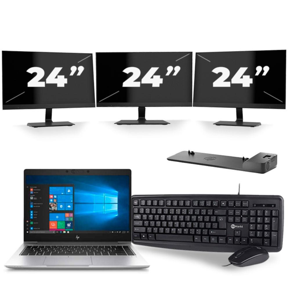 HP EliteBook 745 G6 - AMD Ryzen 5 3500U - 14 inch - 8GB RAM - 256GB SSD - Windows 11 Home + 3x 24 inch Monitor