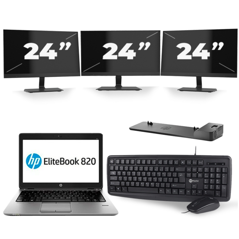 HP EliteBook 820 G3 - Intel Core i7-6e Generatie - 12 inch - 8GB RAM - 256GB SSD - Windows 11 + 3x 24 inch Monitor