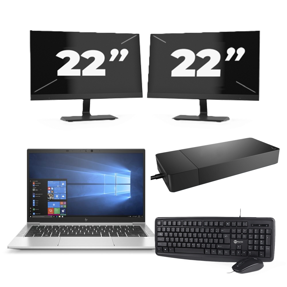 HP EliteBook 830 G7 - Intel Core i7-10e Generatie - 13 inch - 8GB RAM - 256GB SSD - Windows 11 + 2x 22 inch Monitor