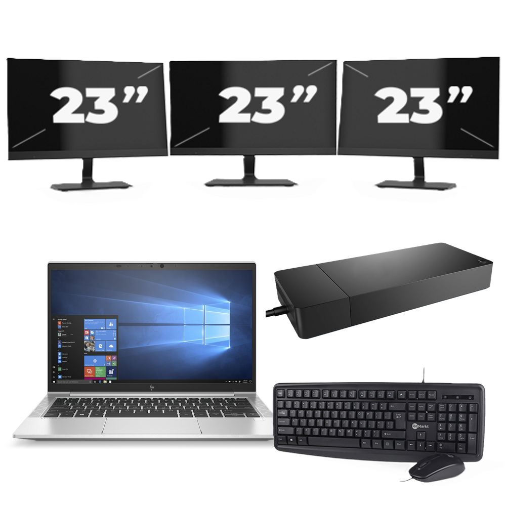 HP EliteBook 830 G7 - Intel Core i7-10e Generatie - 13 inch - 8GB RAM - 256GB SSD - Windows 11 + 3x 23 inch Monitor