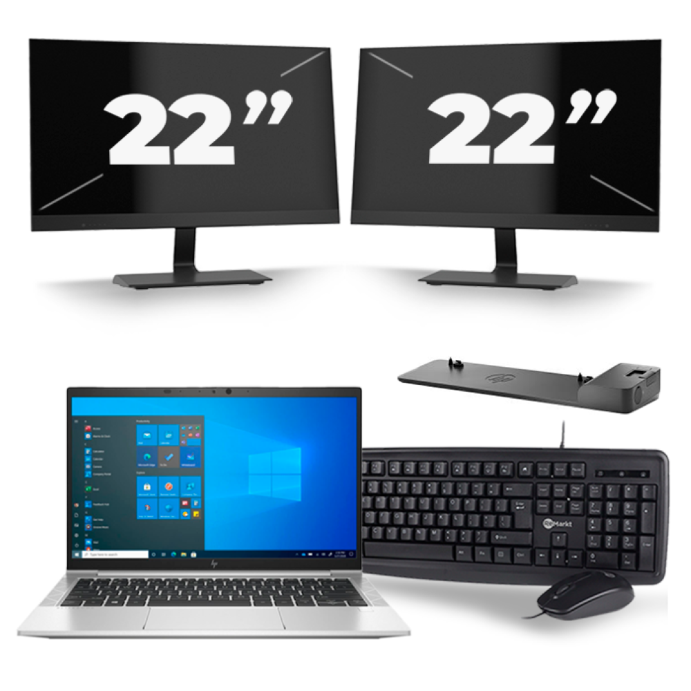 HP EliteBook 830 G8 - Intel Core i5-11e Generatie - 13 inch - 8GB RAM - 256GB SSD - Windows 11 + 2x 22 inch Monitor