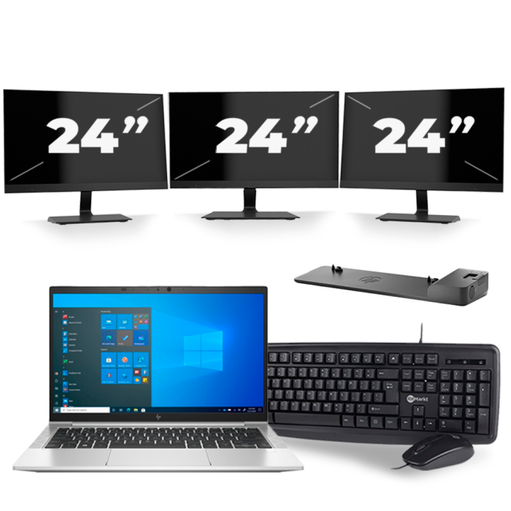 HP EliteBook 830 G8 - Intel Core i5-11e Generatie - 13 inch - 8GB RAM - 256GB SSD - Windows 11 + 3x 24 inch Monitor