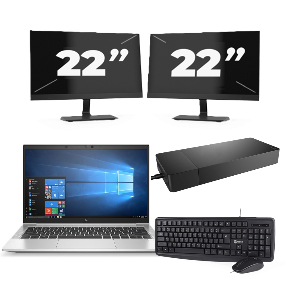 HP EliteBook 835 G7 - AMD Ryzen 3 Pro 4450U - 13 inch - 8GB RAM - 256GB SSD - Windows 10 Home + 2x 22 inch Monitor