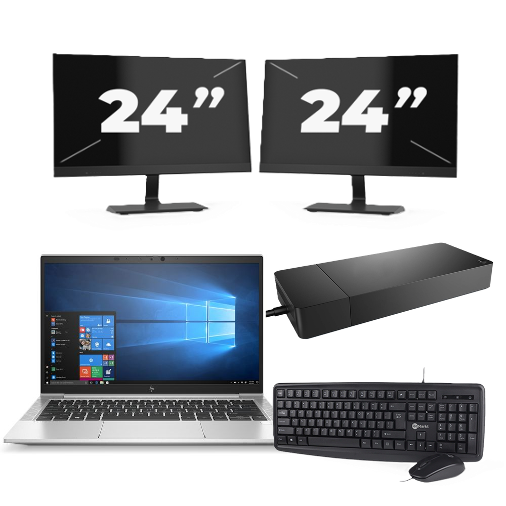 HP EliteBook 835 G7 - AMD Ryzen 3 Pro 4450U - 13 inch - 8GB RAM - 256GB SSD - Windows 10 Home + 2x 24 inch Monitor