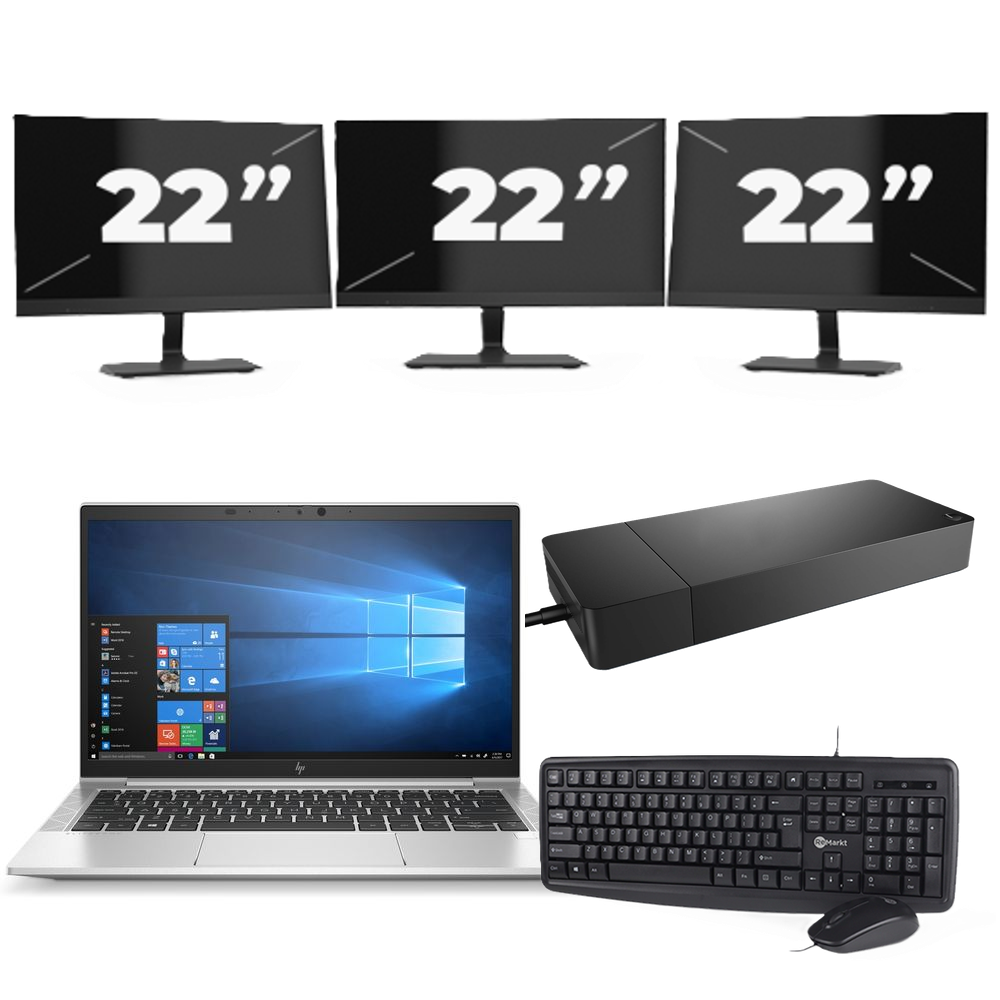 HP EliteBook 835 G7 - AMD Ryzen 3 Pro 4450U - 13 inch - 8GB RAM - 256GB SSD - Windows 10 Home + 3x 22 inch Monitor