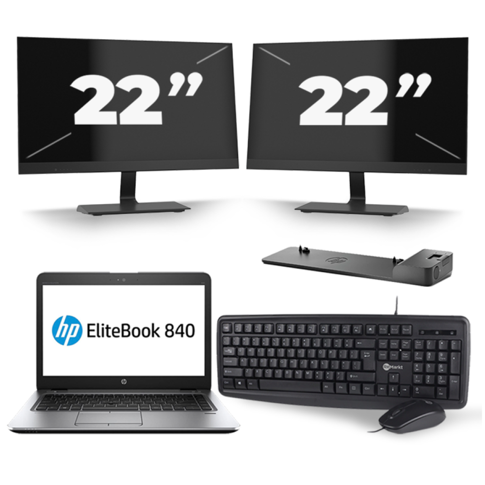HP EliteBook 840 G3 - Intel Core i7-6e Generatie - 14 inch - 8GB RAM - 256GB SSD - Windows 11 + 2x 22 inch Monitor