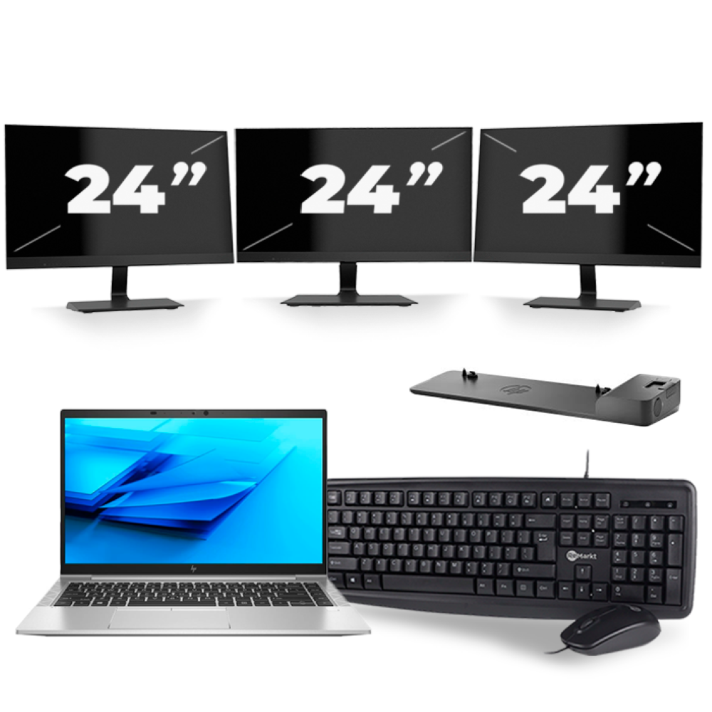 HP EliteBook 840 G7 - Intel Core i7-10e Generatie - 14 inch - 8GB RAM - 256GB SSD - Windows 11 + 3x 24 inch Monitor