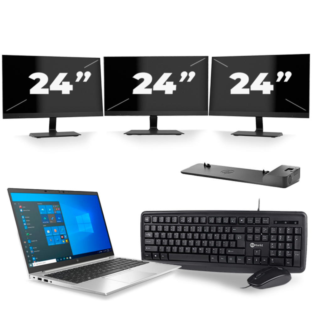 HP EliteBook 840 G8 - Intel Core i5-11e Generatie - 14 inch - 8GB RAM - 256GB SSD - Windows 11 + 3x 24 inch Monitor