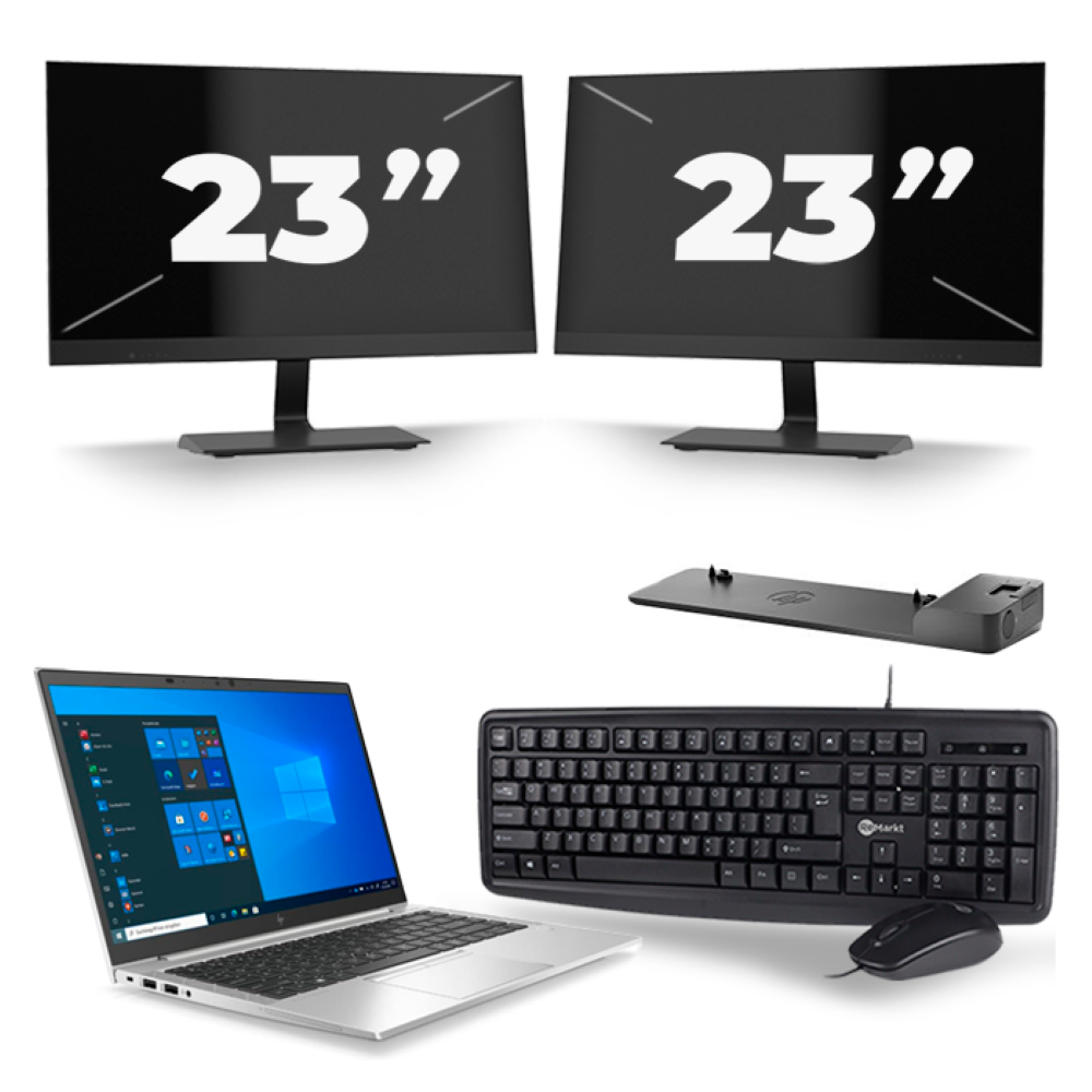 HP EliteBook 845 G7 - AMD Ryzen 3 Pro 4450U - 14 inch - 8GB RAM - 256GB SSD - Windows 10 Home + 2x 23 inch Monitor