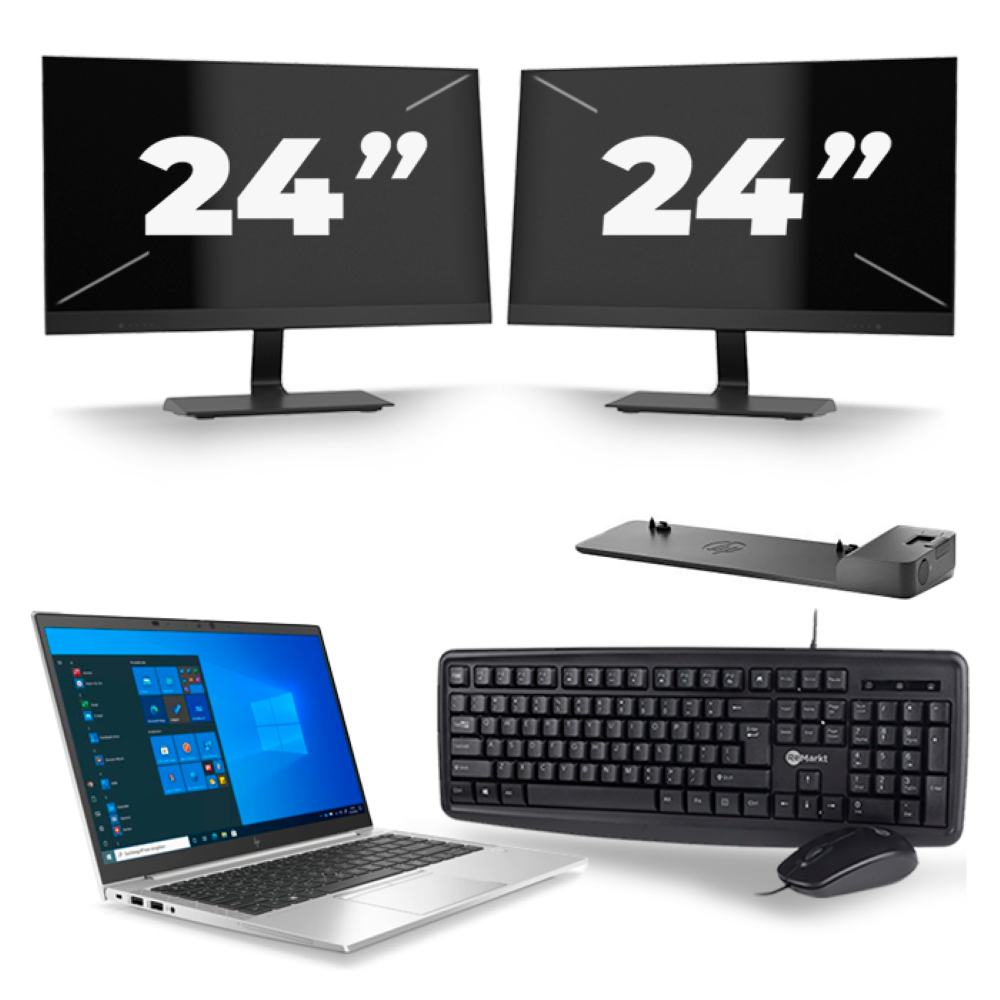 HP EliteBook 845 G7 - AMD Ryzen 3 Pro 4450U - 14 inch - 8GB RAM - 256GB SSD - Windows 10 Home + 2x 24 inch Monitor