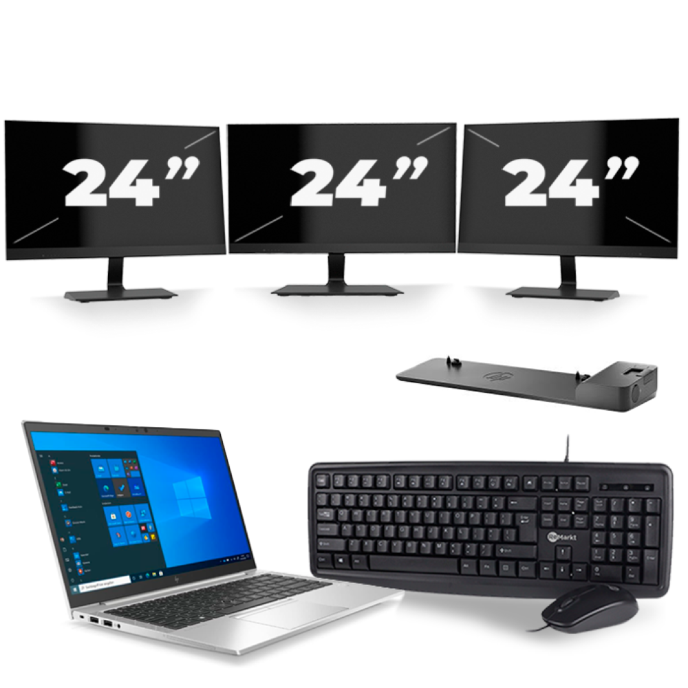 HP EliteBook 845 G7 - AMD Ryzen 3 Pro 4450U - 14 inch - 8GB RAM - 256GB SSD - Windows 10 Home + 3x 24 inch Monitor