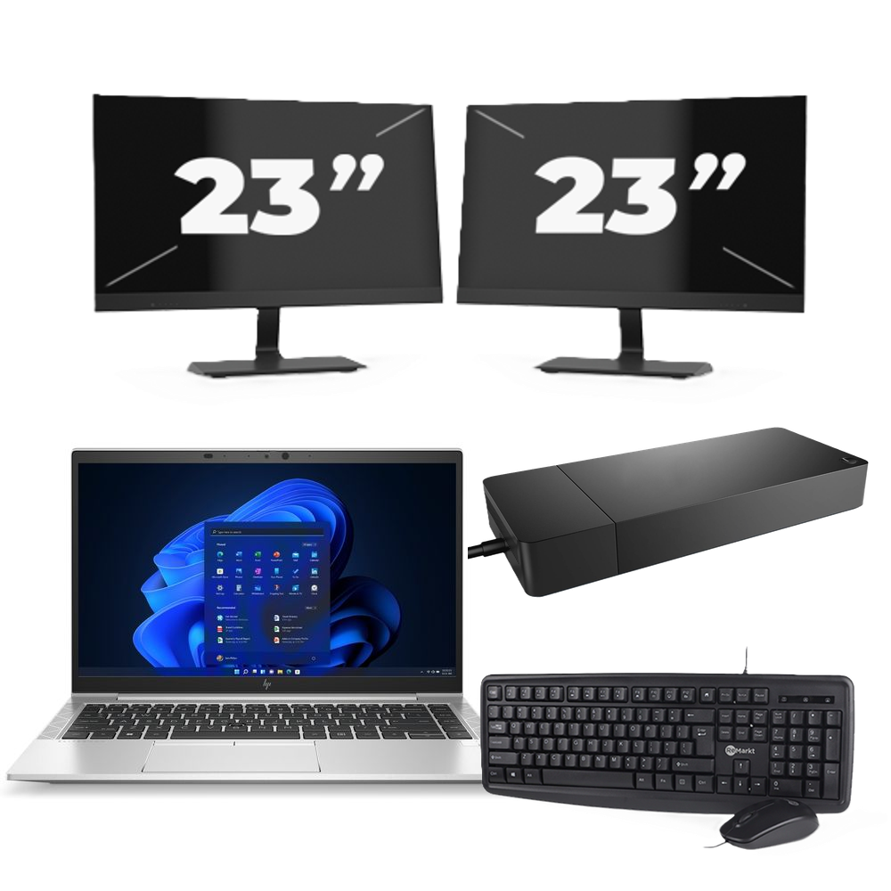 HP EliteBook 845 G8 - AMD Ryzen 7 PRO 5850U - 14 inch - 8GB RAM - 256GB SSD - Windows 11 Home + 2x 23 inch Monitor