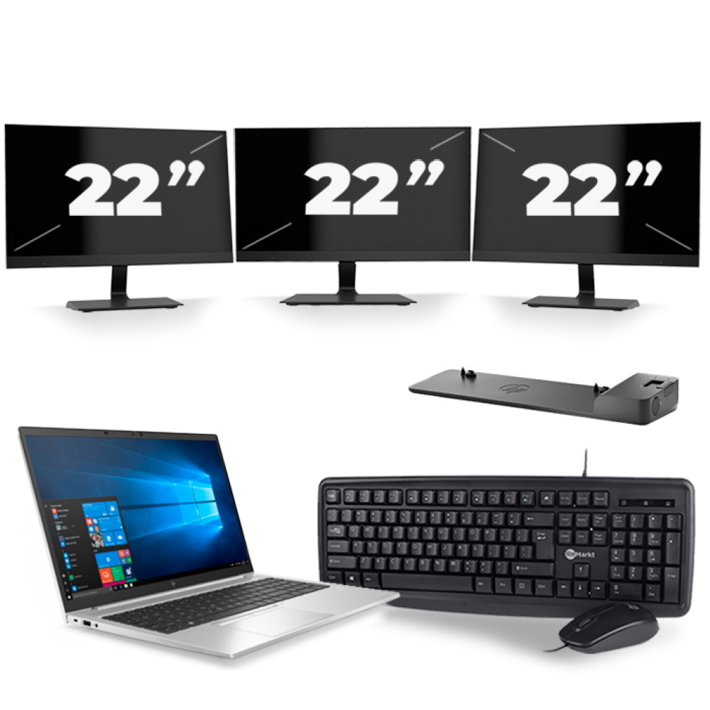 HP EliteBook 850 G7 - Intel Core i5-10e Generatie - 15 inch - 8GB RAM - 256GB SSD - Windows 11 + 3x 22 inch Monitor