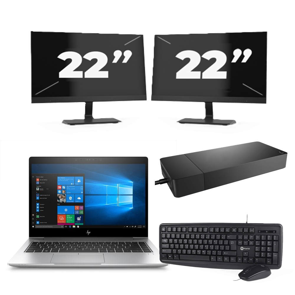 HP EliteBook x360 830 G7 - Intel Core i5-10e Generatie - 13 inch - 8GB RAM - 256GB SSD - Windows 11 Home + 2x 22 inch Monitor