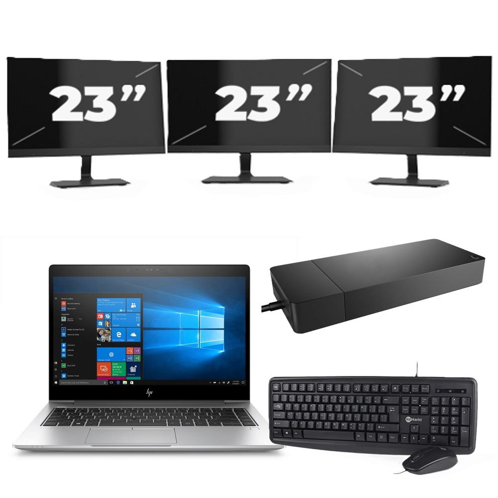 HP EliteBook x360 830 G7 - Intel Core i5-10e Generatie - 13 inch - 8GB RAM - 256GB SSD - Windows 11 Home + 3x 23 inch Monitor