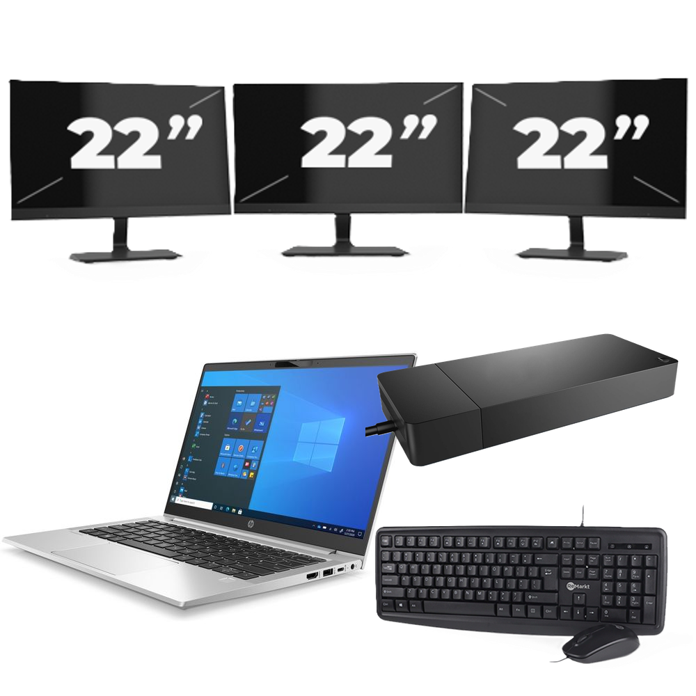 HP ProBook 430 G8 - Intel Core i3-11e Generatie - 13 inch - 8GB RAM - 256GB SSD - Windows 11 Home + 3x 22 inch Monitor