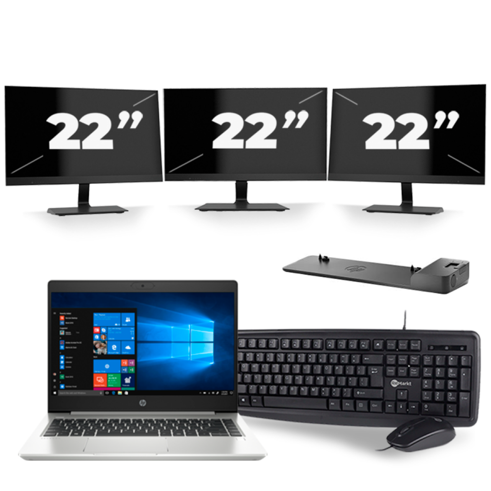 HP ProBook 445 G7 - AMD Ryzen 5 4500U - 14 inch - 8GB RAM - 256GB SSD - Windows 10 + 3x 22 inch Monitor