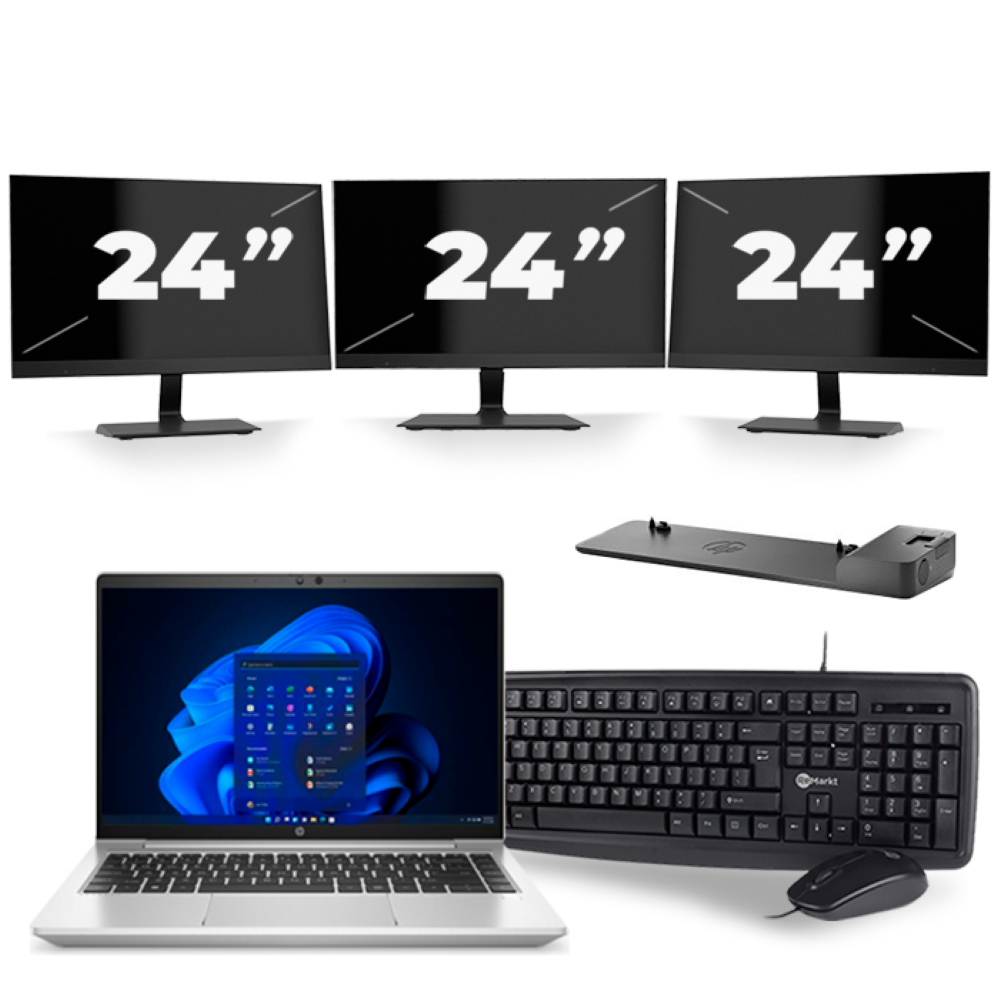 HP ProBook 640 G8 - Intel Core i5-11e Generatie - 14 inch - 8GB RAM - 256GB SSD - Windows 11 + 3x 24 inch Monitor