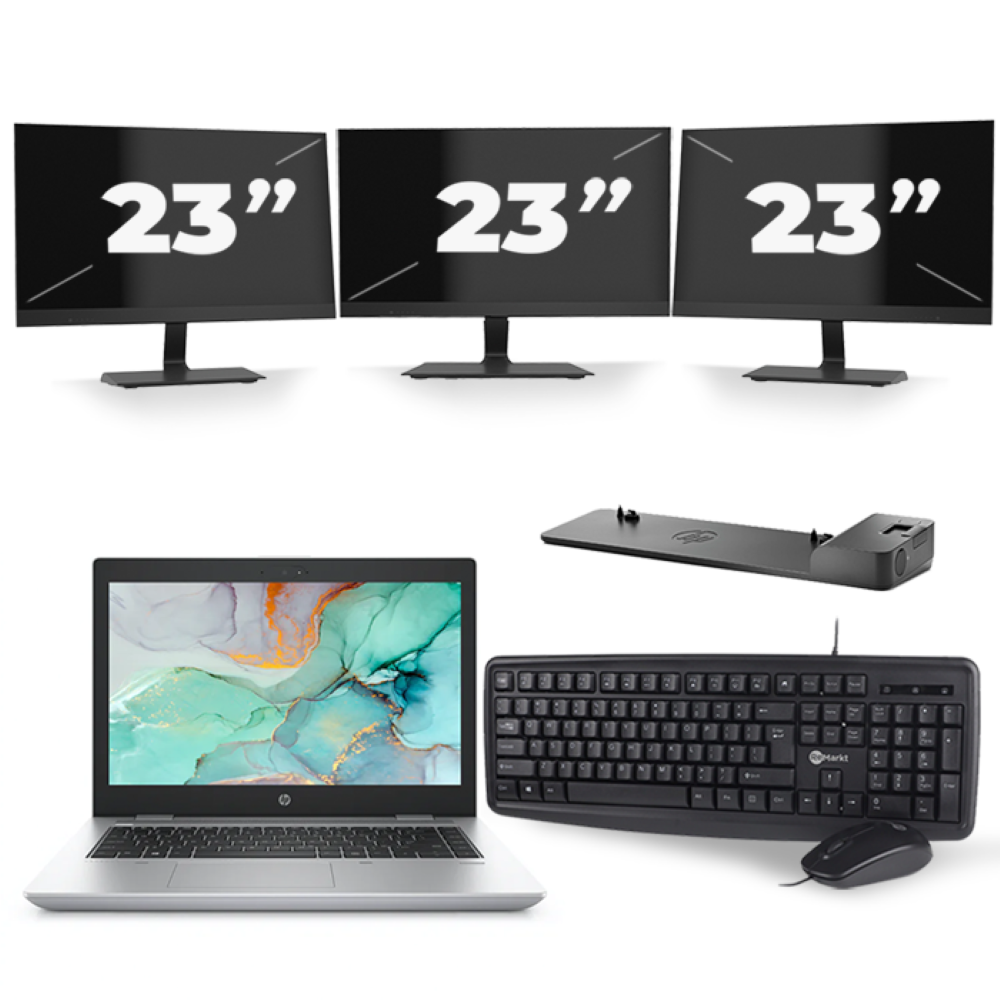 HP ProBook 645 G4 - AMD Ryzen 5 2500U - 14 inch - 8GB RAM - 256GB SSD - Windows 10 + 3x 23 inch Monitor