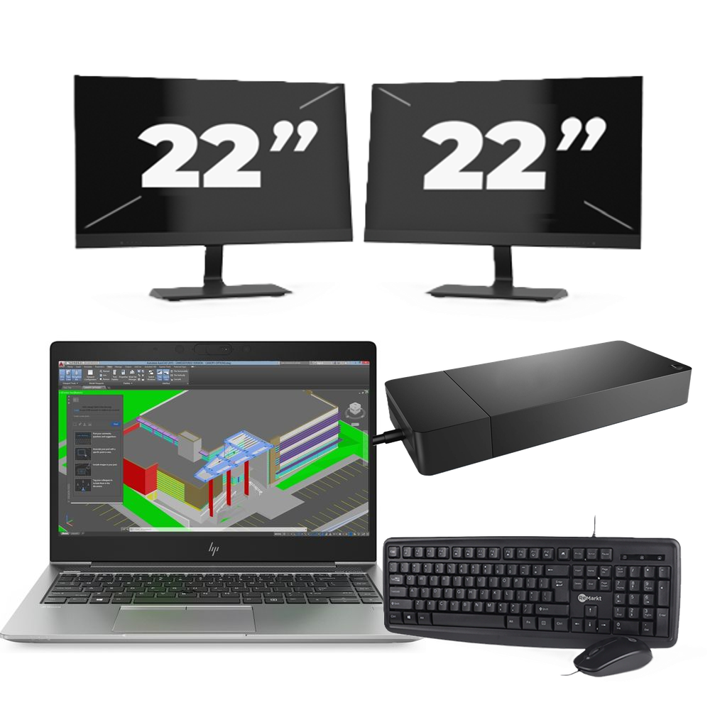 HP ZBook 14u G5 - Intel Core i7-8e Generatie - 14 inch - 8GB RAM - 256GB SSD - Windows 11 + 2x 22 inch Monitor