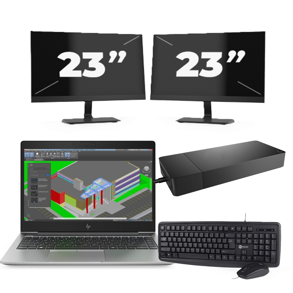 HP ZBook 14u G5 - Intel Core i7-8e Generatie - 14 inch - 8GB RAM - 256GB SSD - Windows 11 + 2x 23 inch Monitor