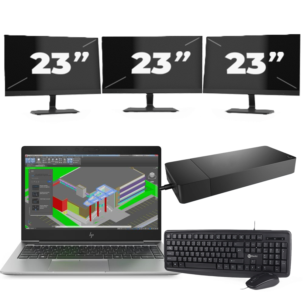 HP ZBook 14u G5 - Intel Core i7-8e Generatie - 14 inch - 8GB RAM - 256GB SSD - Windows 11 + 3x 23 inch Monitor