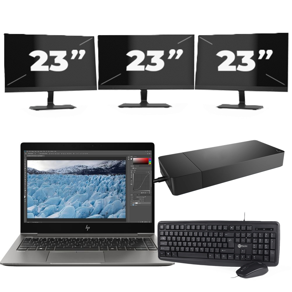 HP ZBook 14u G6 - Intel Core i7-8e Generatie - 14 inch - 8GB RAM - 256GB SSD - Windows 11 + 3x 23 inch Monitor