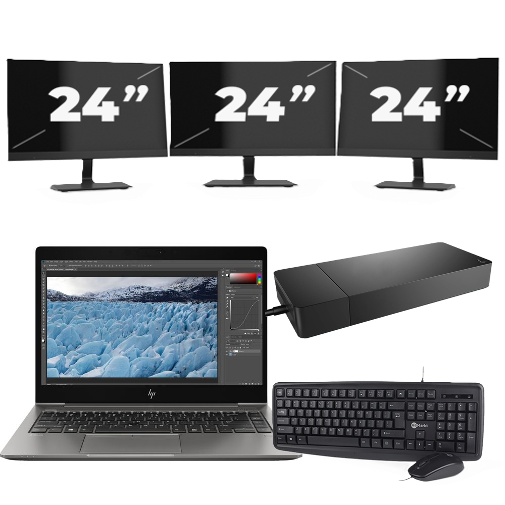 HP ZBook 14u G6 - Intel Core i7-8e Generatie - 14 inch - 8GB RAM - 256GB SSD - Windows 11 + 3x 24 inch Monitor