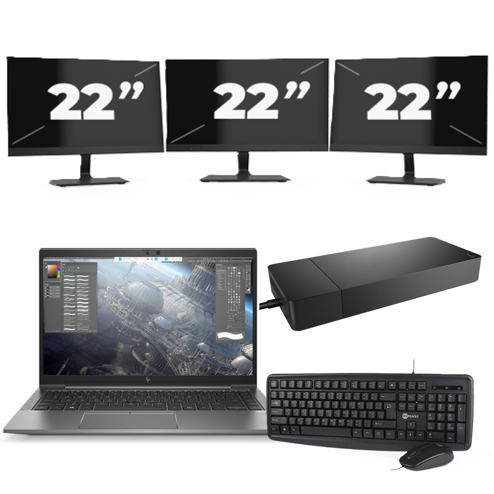 HP ZBook Firefly 14 G7 - Intel Core i7-10e Generatie - 14 inch - 16GB RAM - 256GB SSD - Windows 11 Home + 3x 22 inch Monitor