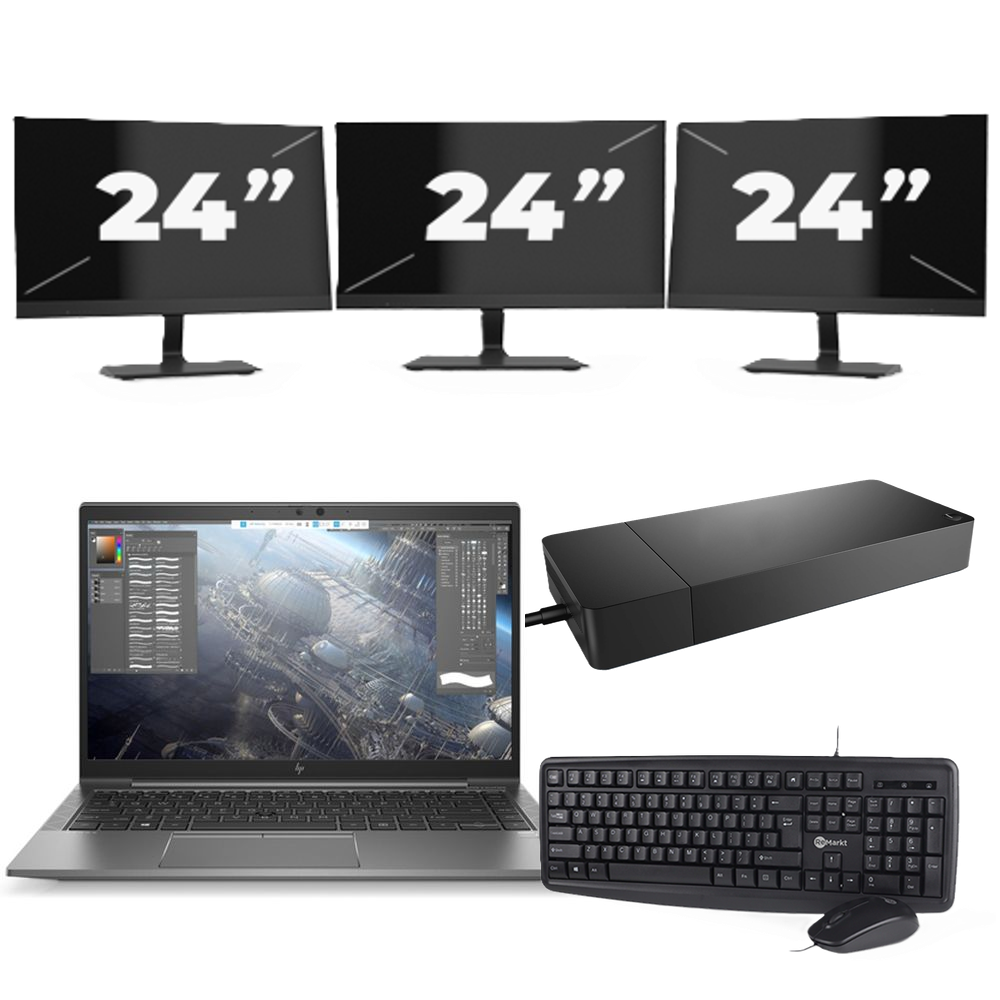 HP ZBook Firefly 14 G7 - Intel Core i7-10e Generatie - 14 inch - 16GB RAM - 256GB SSD - Windows 11 Home + 3x 24 inch Monitor