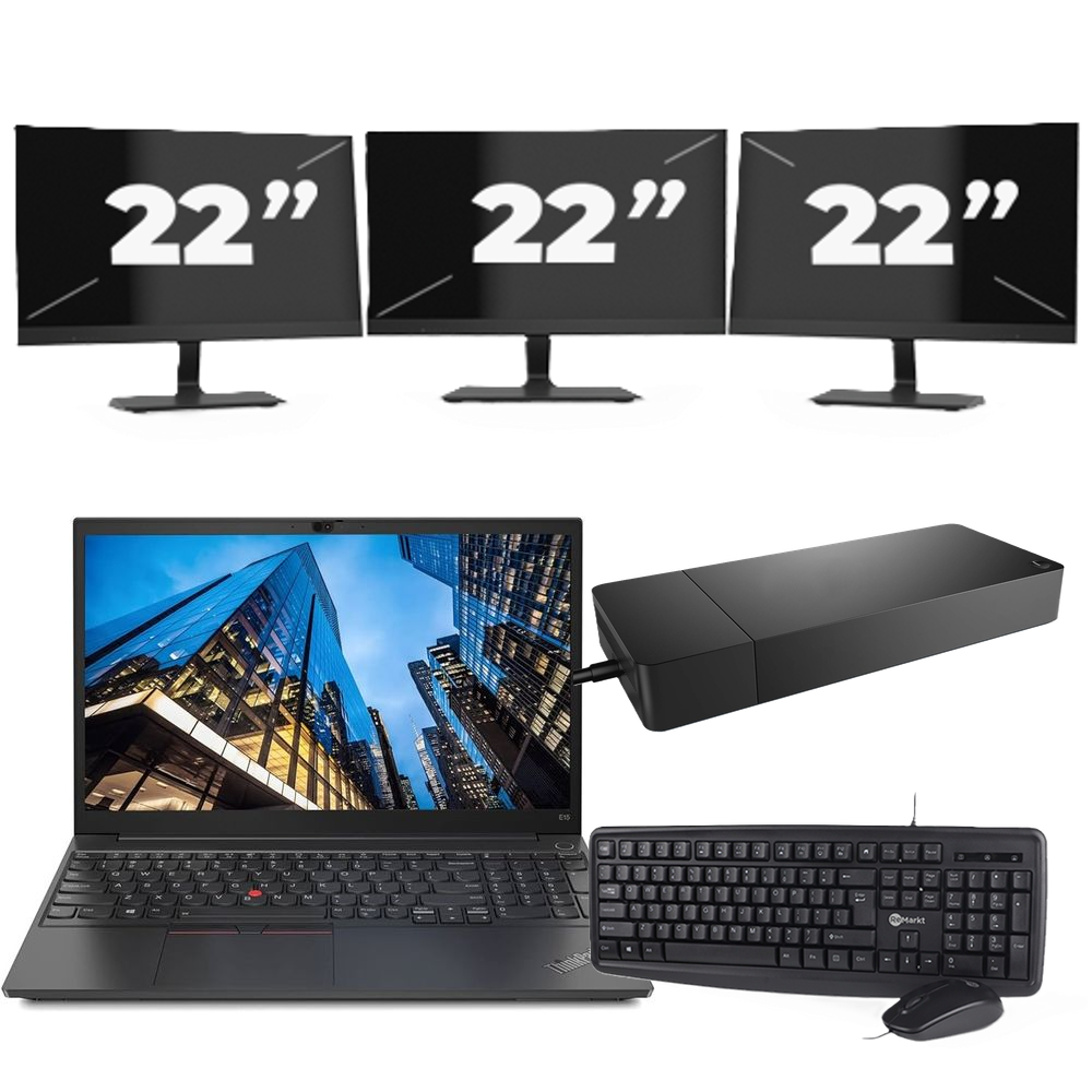 Lenovo E15 - Intel Core i3-10e Generatie - 15 inch - 8GB RAM - 256GB SSD - Windows 11 Home + 3x 22 inch Monitor