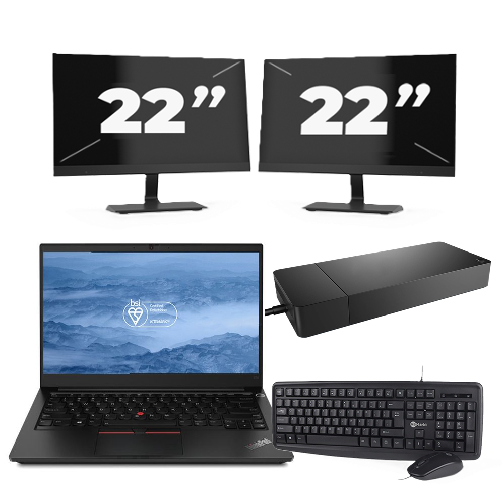 Lenovo ThinkPad E14 - Intel Core i3-10e Generatie - 14 inch - 8GB RAM - 256GB SSD - Windows 11 + 2x 22 inch Monitor